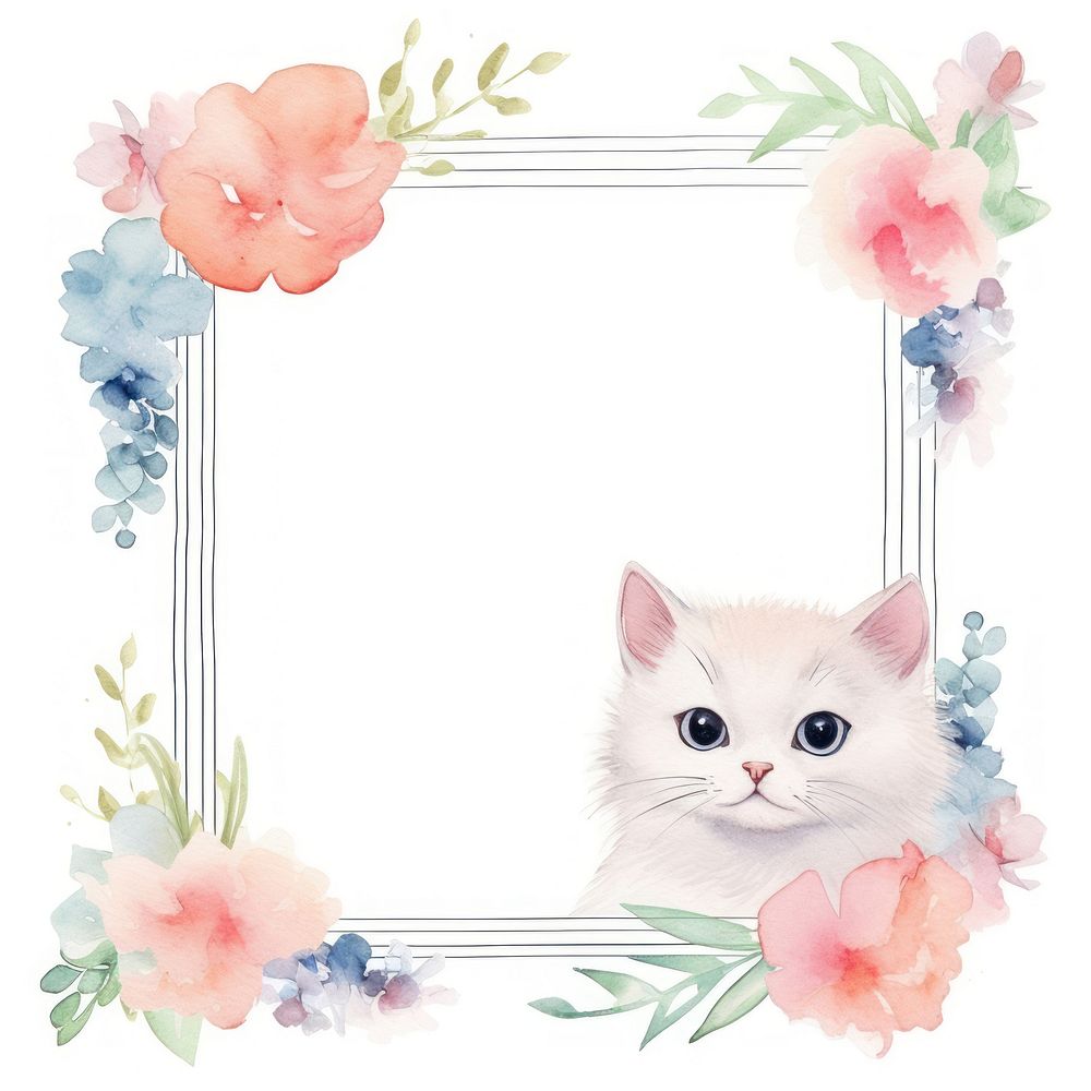 Cat and flower frame watercolor animal mammal plant.