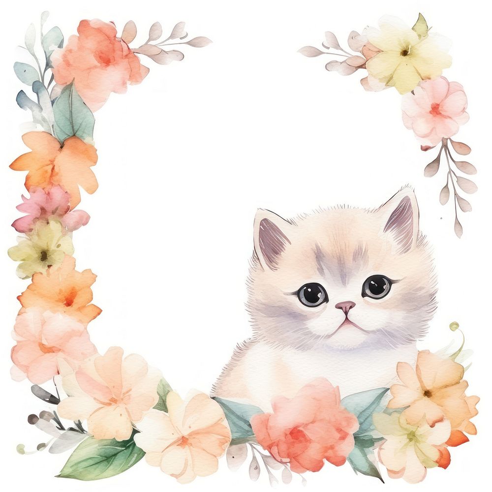 Cat and flowers frame watercolor mammal animal kitten.