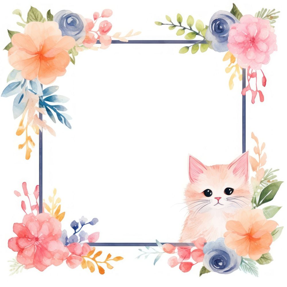 Cat and flowers frame watercolor mammal plant pet.