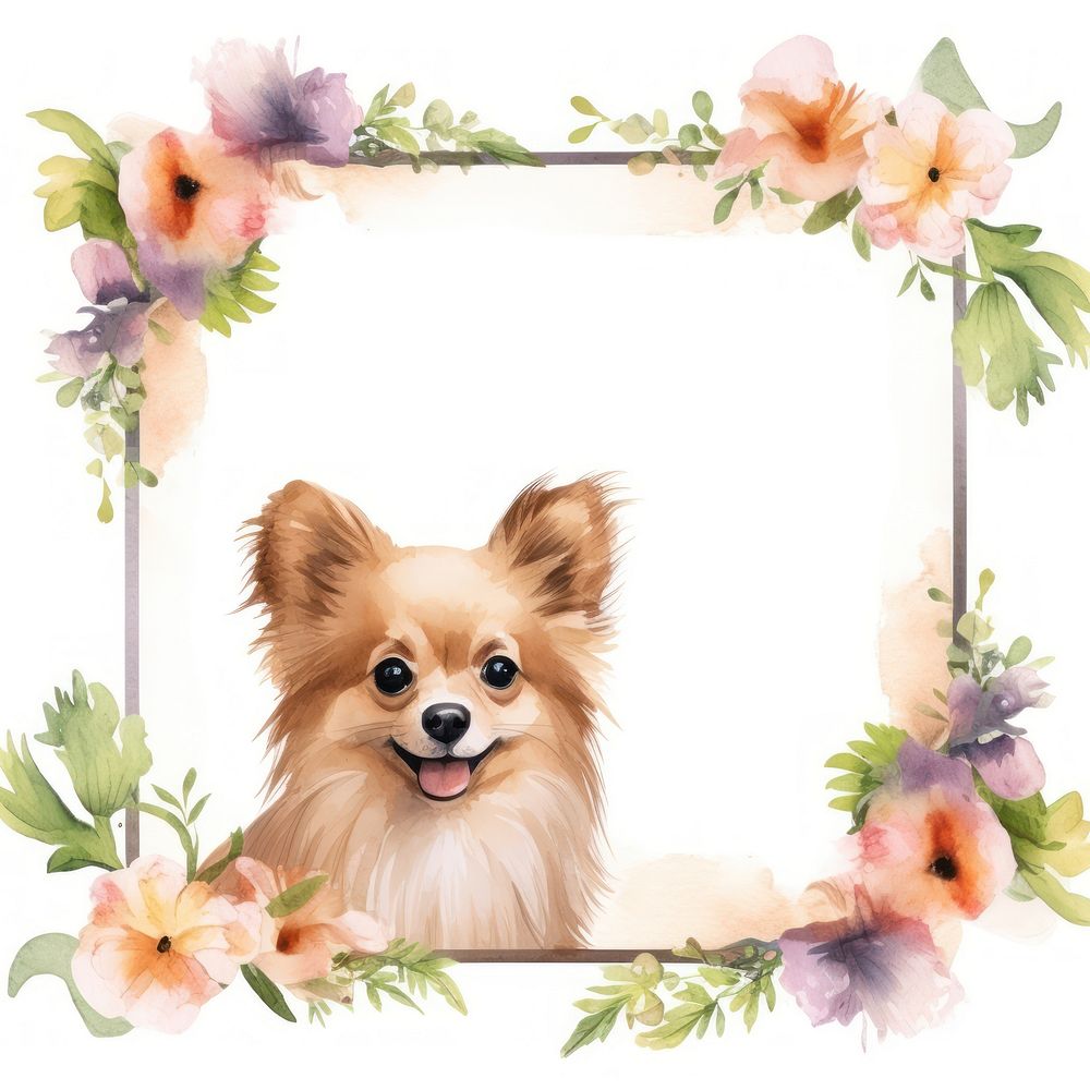 Dog and flowers frame watercolor mammal animal plant.