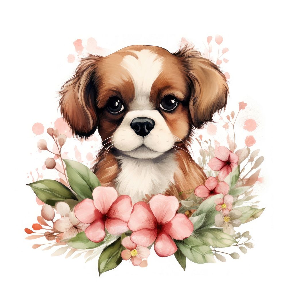 Dog and flowers frame watercolor mammal animal puppy.