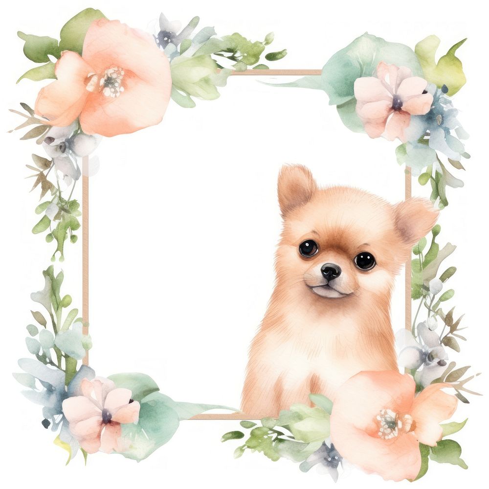 Dog and flowers frame watercolor mammal animal pet.