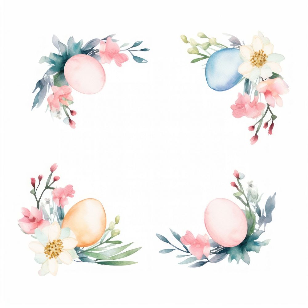 Easter eggs and flowers frame watercolor wreath plant white background.