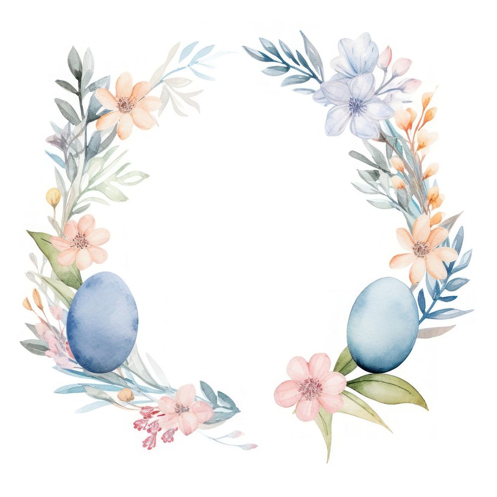 Easter eggs and flowers frame watercolor wreath plant white background.