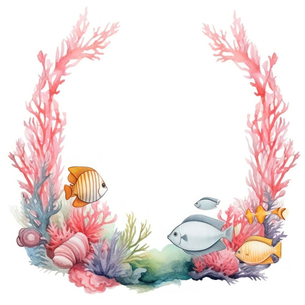 Fish and coral frame watercolor nature sea white background.