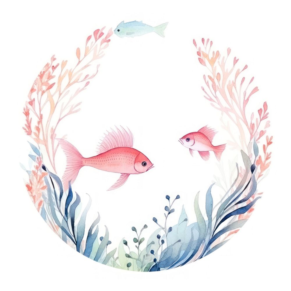 Fish and coral frame watercolor animal white background underwater.