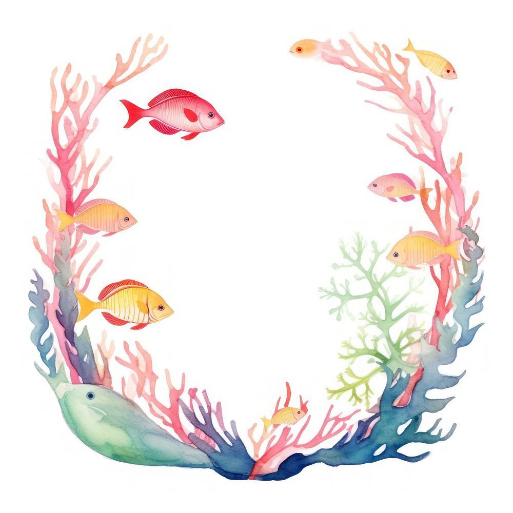 Fish and coral frame watercolor aquarium white background underwater.