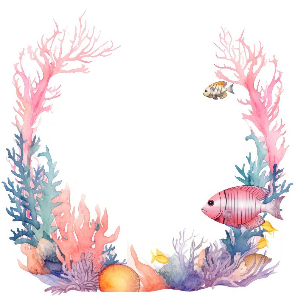 Fish and coral frame watercolor outdoors nature sea.