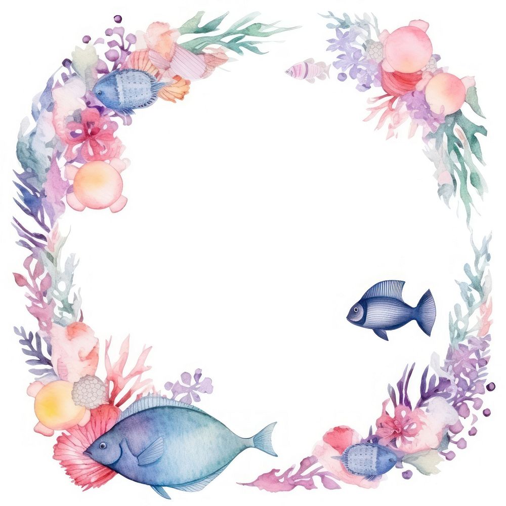 Fish and coral frame watercolor wreath invertebrate seashell.
