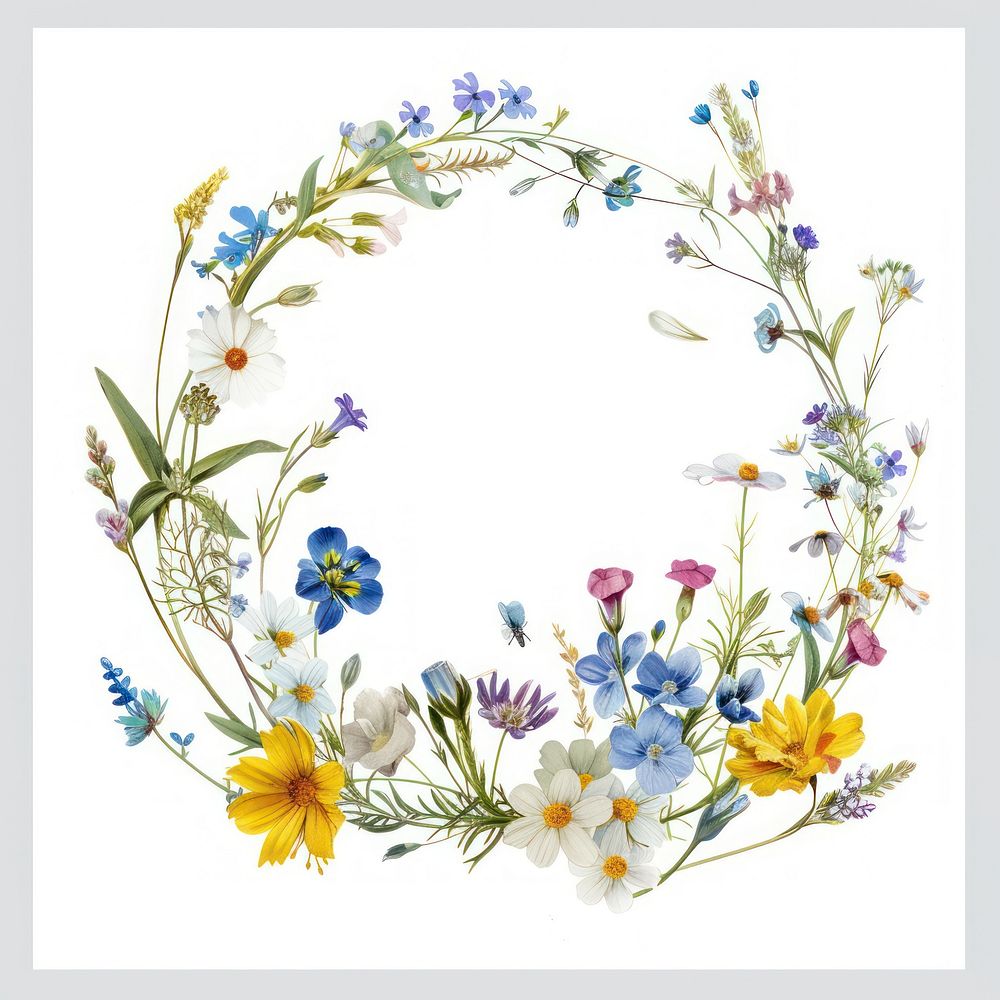 Flowers circle frame watercolor embroidery pattern wreath.