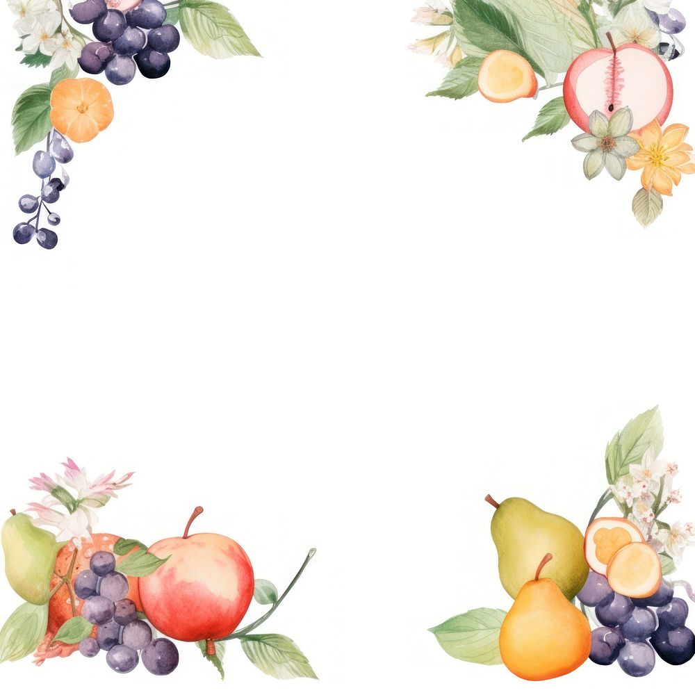 Fruit and flower frame watercolor blueberry grapes plant.