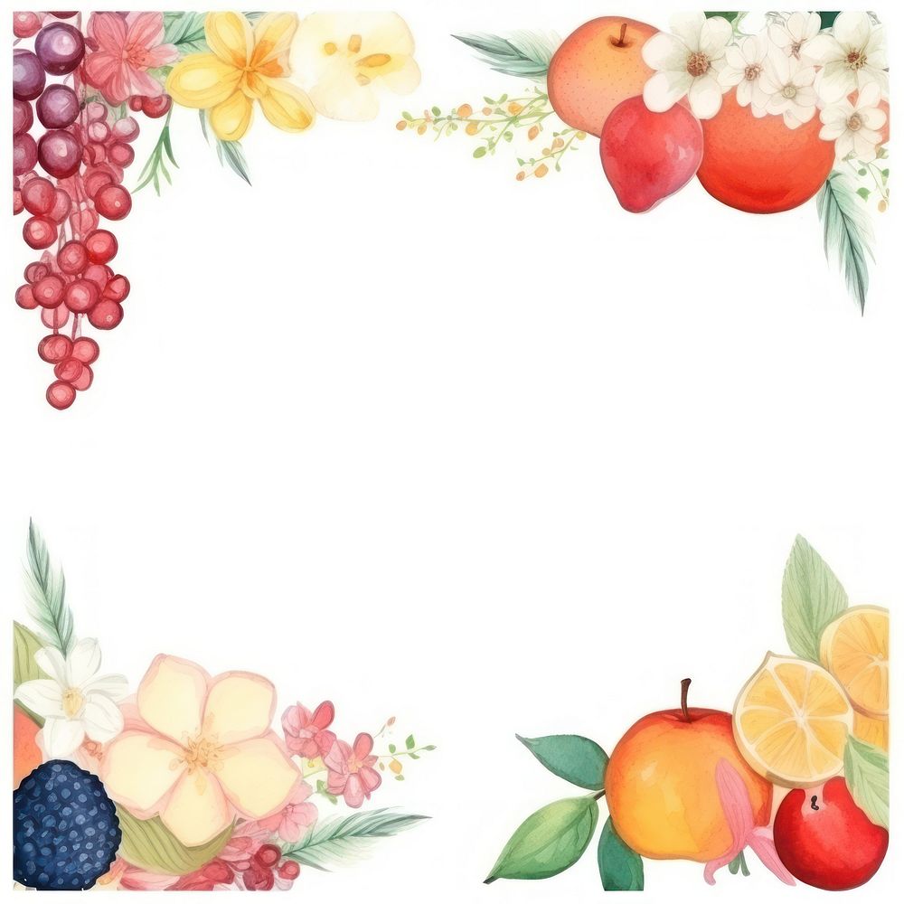 Fruit and flower frame watercolor plant food white background.