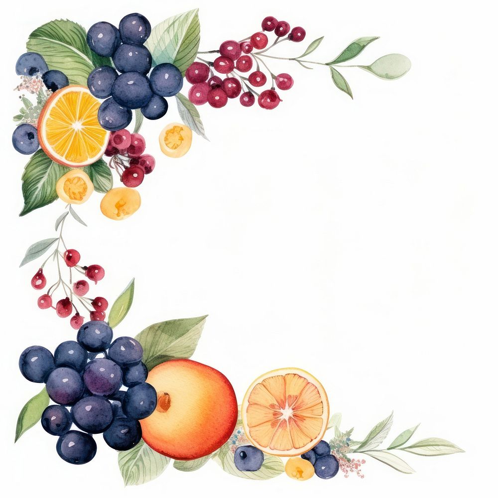 Fruit and flower frame watercolor grapefruit blueberry grapes.