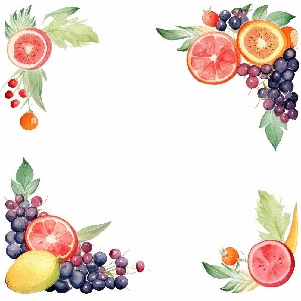 Fruit frame watercolor grapefruit blueberry grapes.