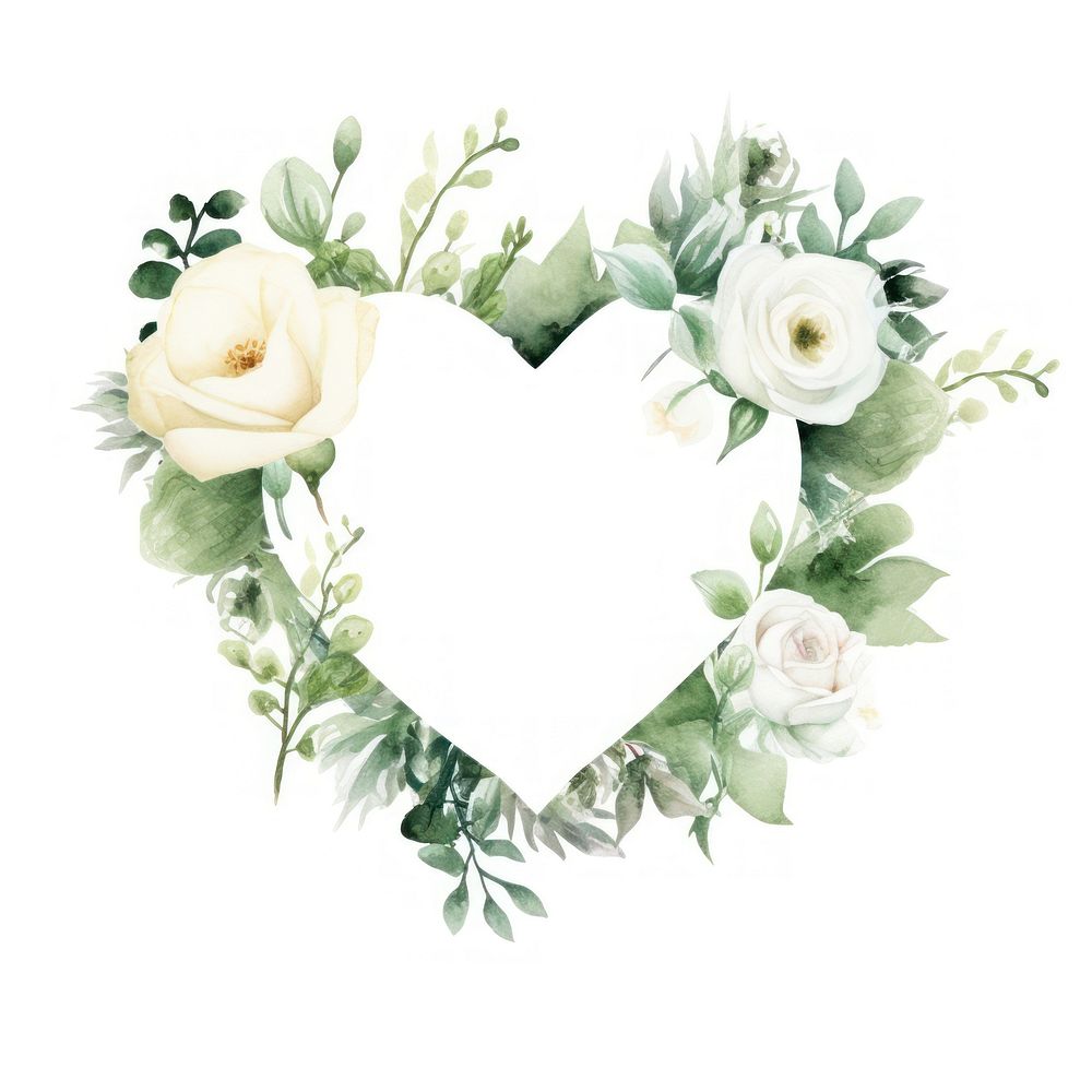 Heart white rose frame watercolor pattern flower wreath.