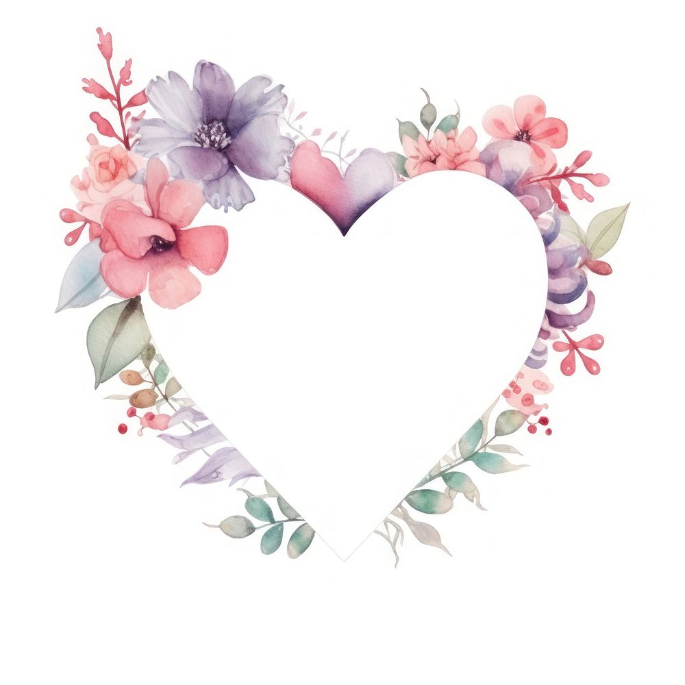Heart and flowers frame watercolor wreath plant white background.