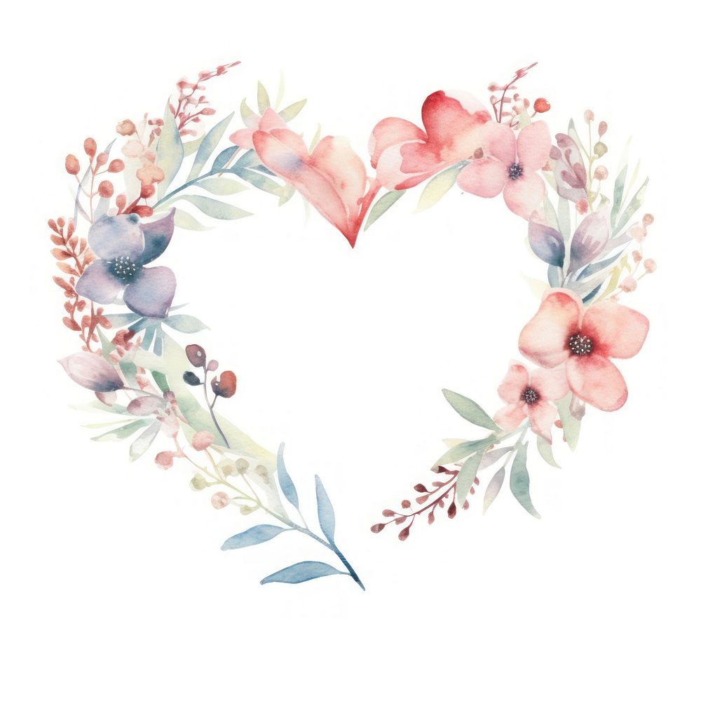 Heart and flowers frame watercolor pattern wreath white background.