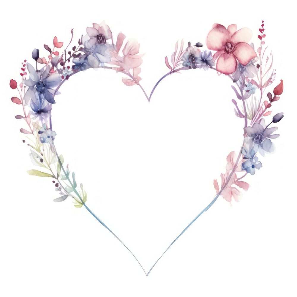 Heart and flowers frame watercolor pattern plant white background.