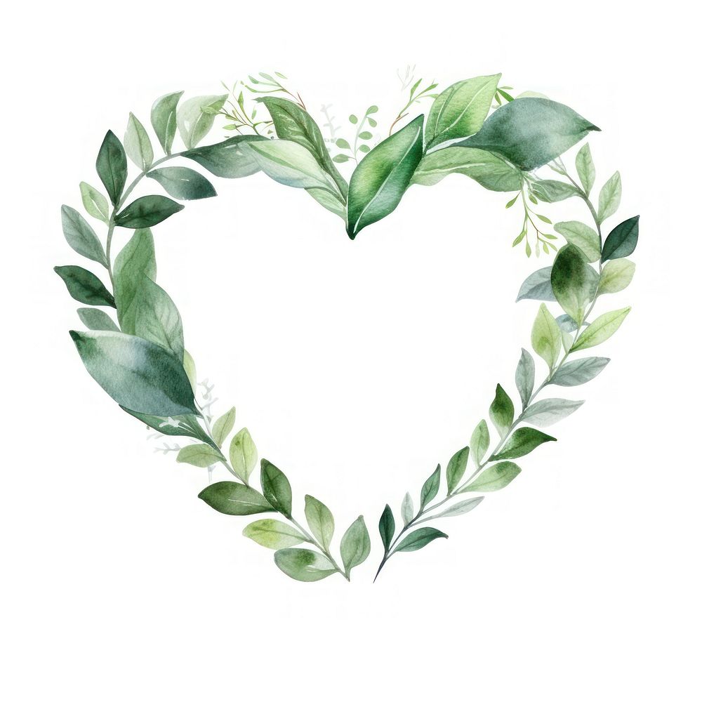 Heart and leaf frame watercolor wreath plant green.