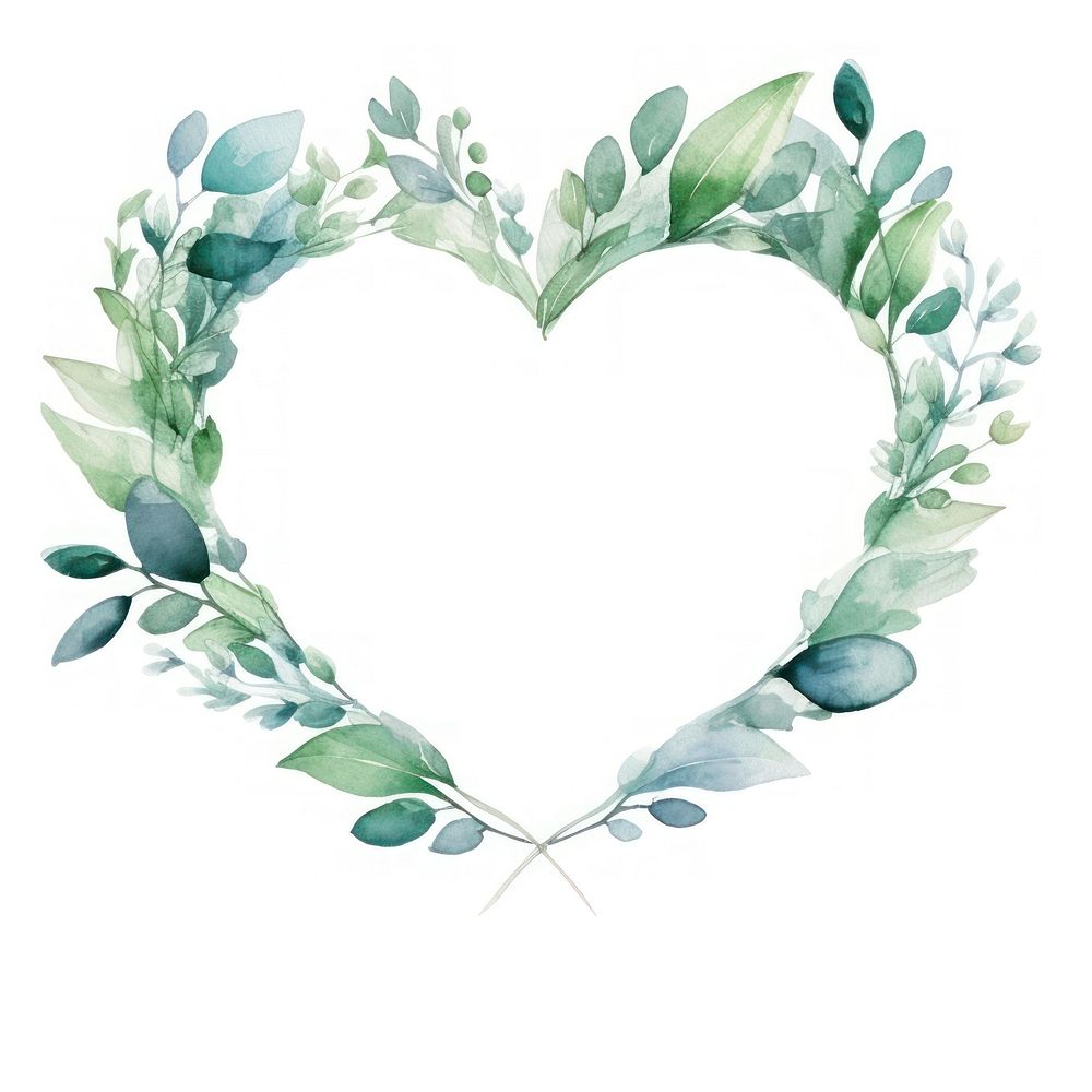 Heart and leaf frame watercolor wreath plant white background.
