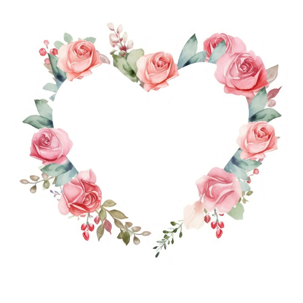 Heart rose frame watercolor pattern flower wreath.