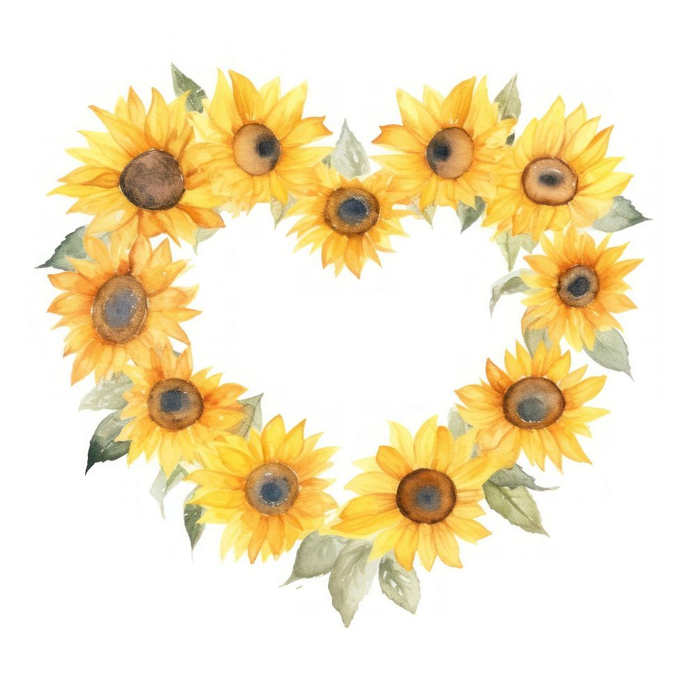 Heart sunflower frame watercolor plant white background inflorescence.