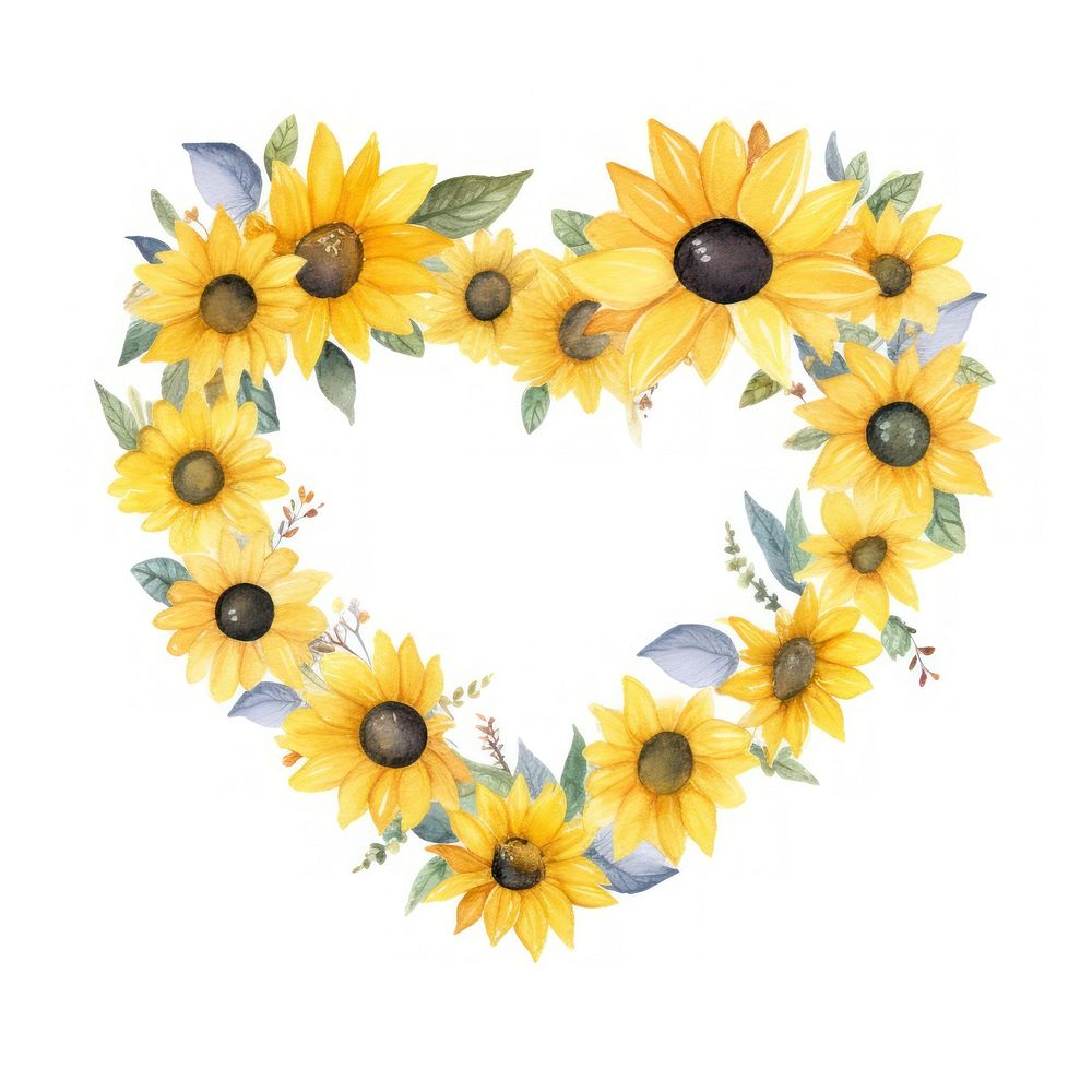 Heart sunflower frame watercolor plant white background inflorescence.