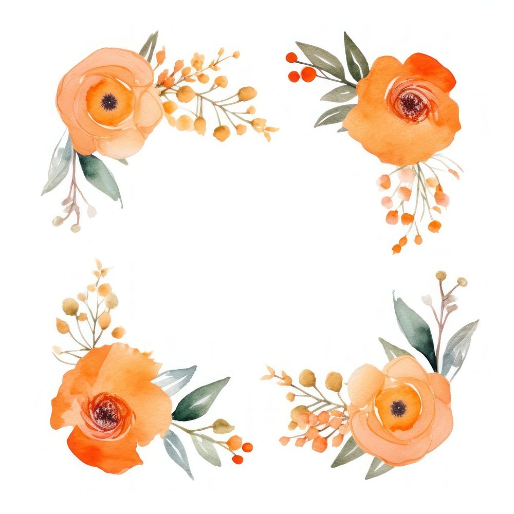 Orange and flower frame watercolor pattern plant white background.