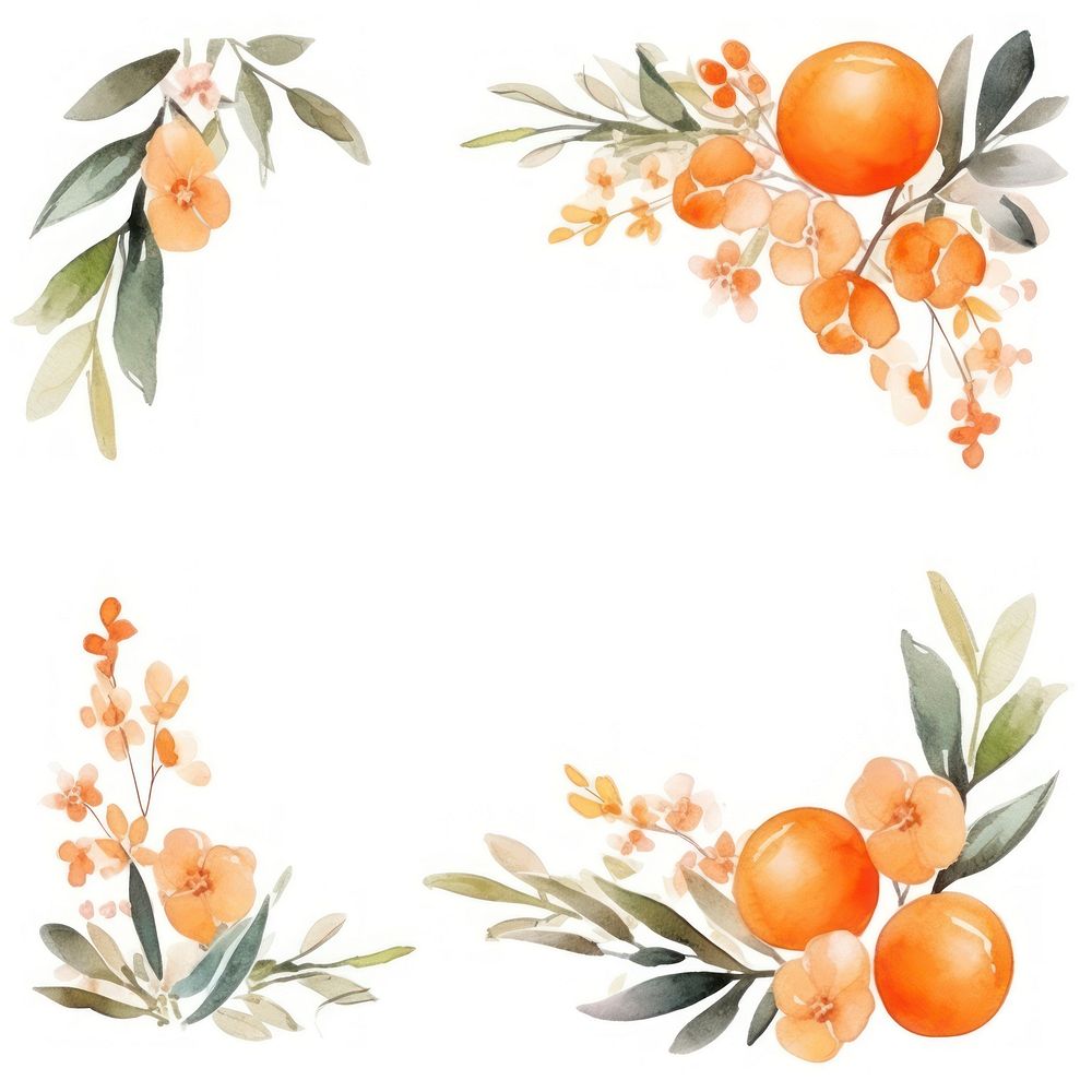 Orange and flower frame watercolor fruit plant white background.