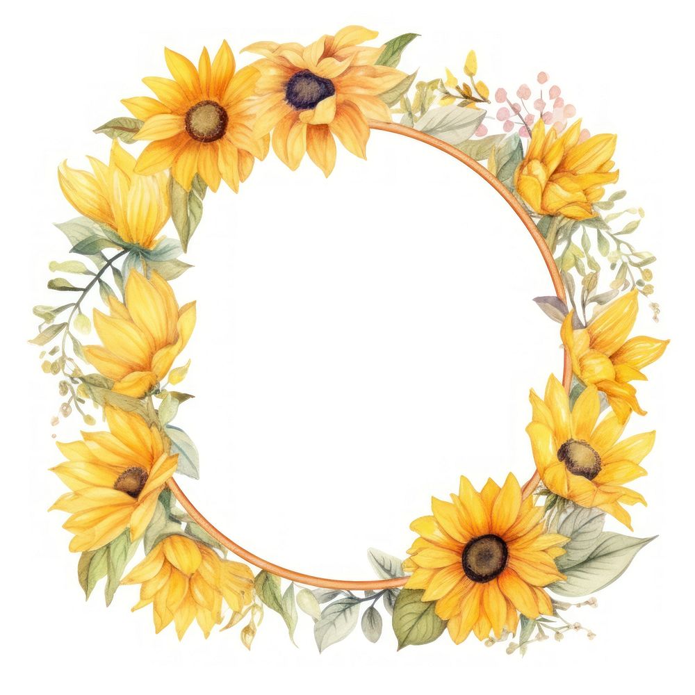 Oval sunflower frame watercolor wreath plant white background.