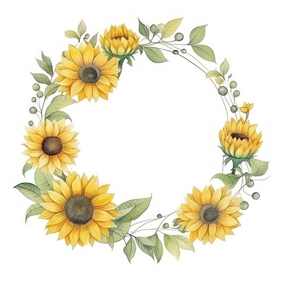 Oval sunflower frame watercolor pattern plant inflorescence.