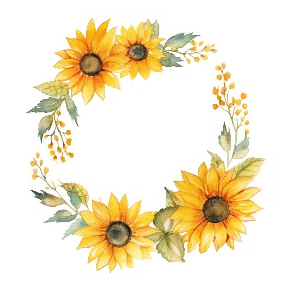 Oval sunflower frame watercolor plant white background inflorescence.