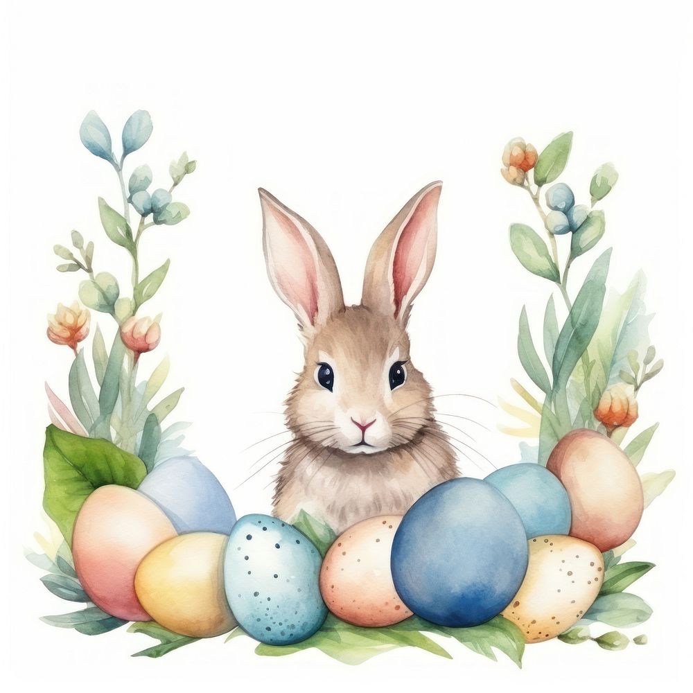 Rabbit and easter eggs frame watercolor animal mammal plant.