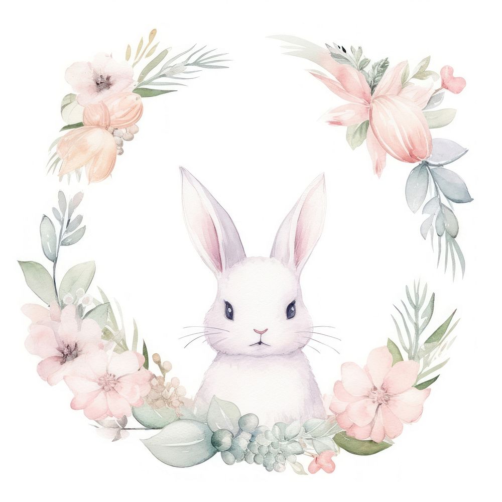 Rabbit and flower frame watercolor animal mammal wreath.