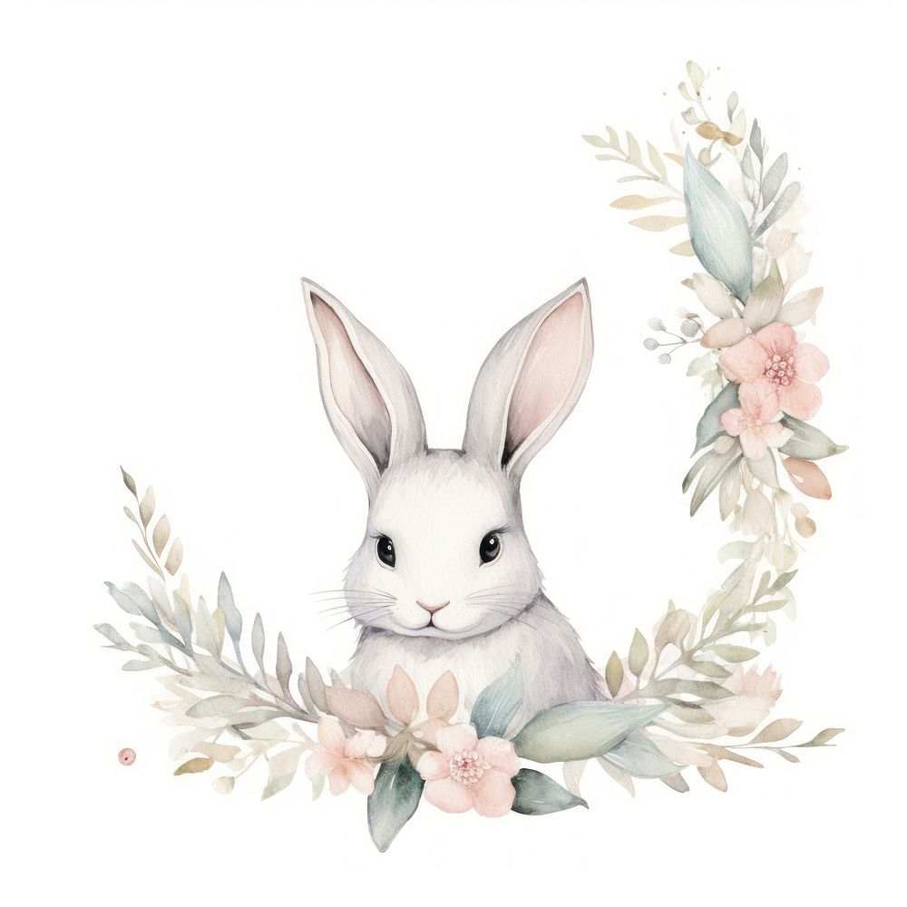 Rabbit and flower frame watercolor drawing animal mammal.