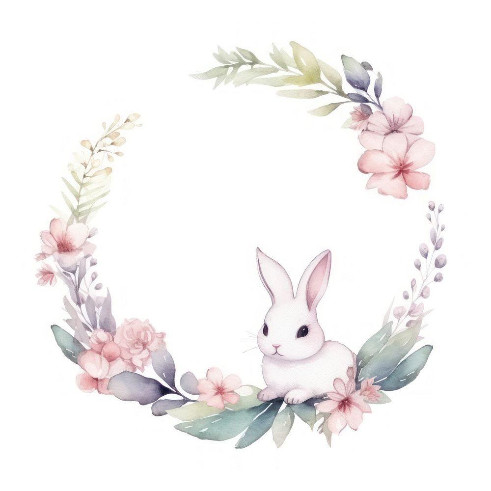 Rabbit and flower frame watercolor mammal wreath plant.