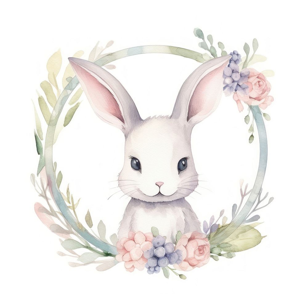 Rabbit and flower frame watercolor mammal animal representation.