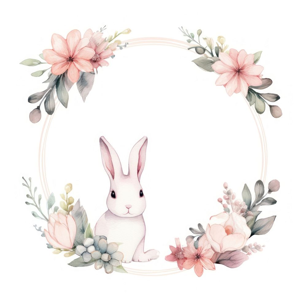 Rabbit and flower frame watercolor mammal wreath celebration.