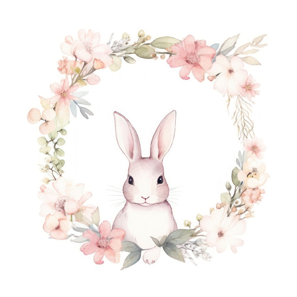 Rabbit and flower frame watercolor animal mammal plant.