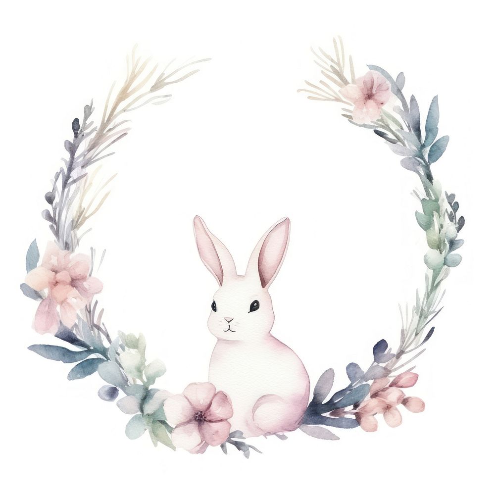 Rabbit and flower frame watercolor mammal wreath white background.