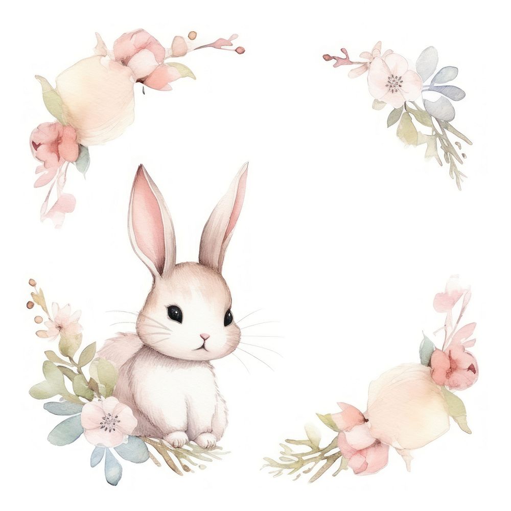 Rabbit and flower frame watercolor animal mammal celebration.