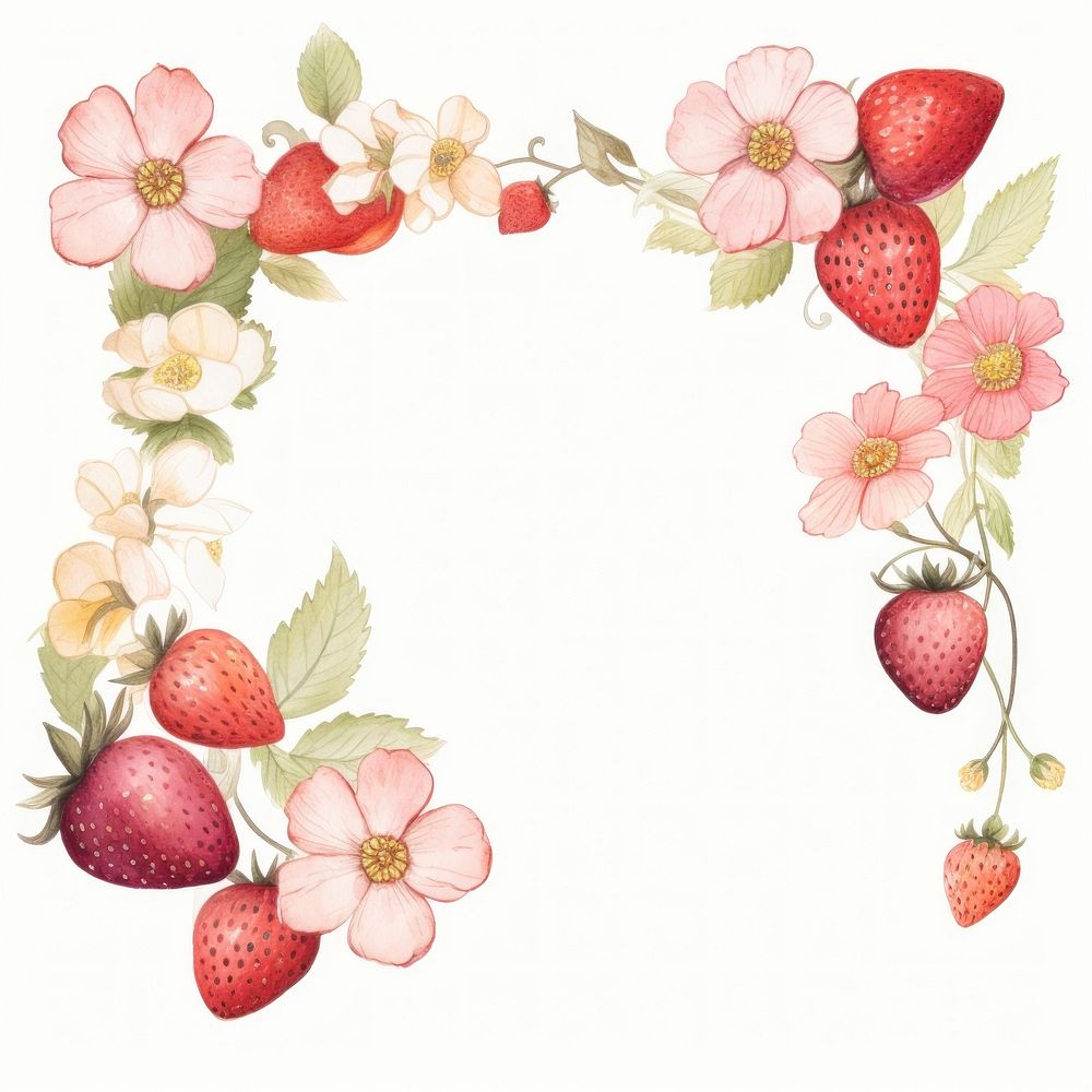 Strawberry and flower frame watercolor pattern fruit plant.