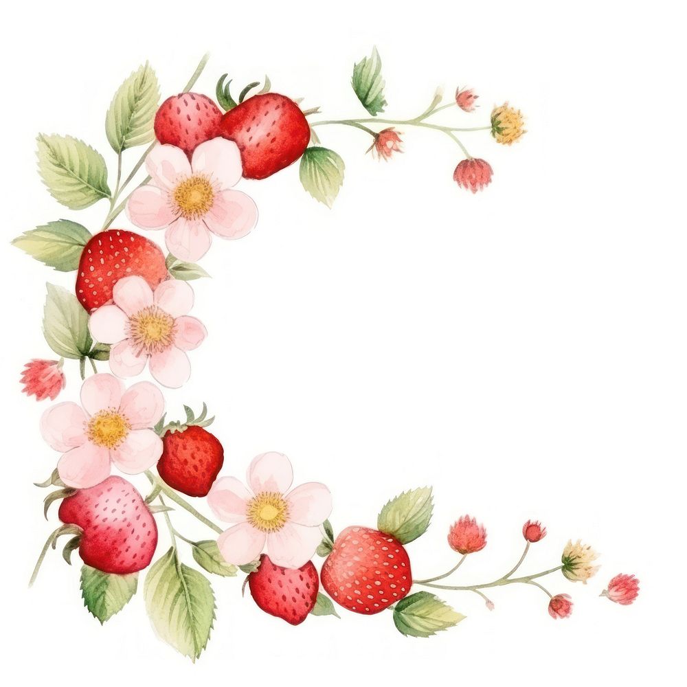 Strawberry and flower frame watercolor fruit plant food.
