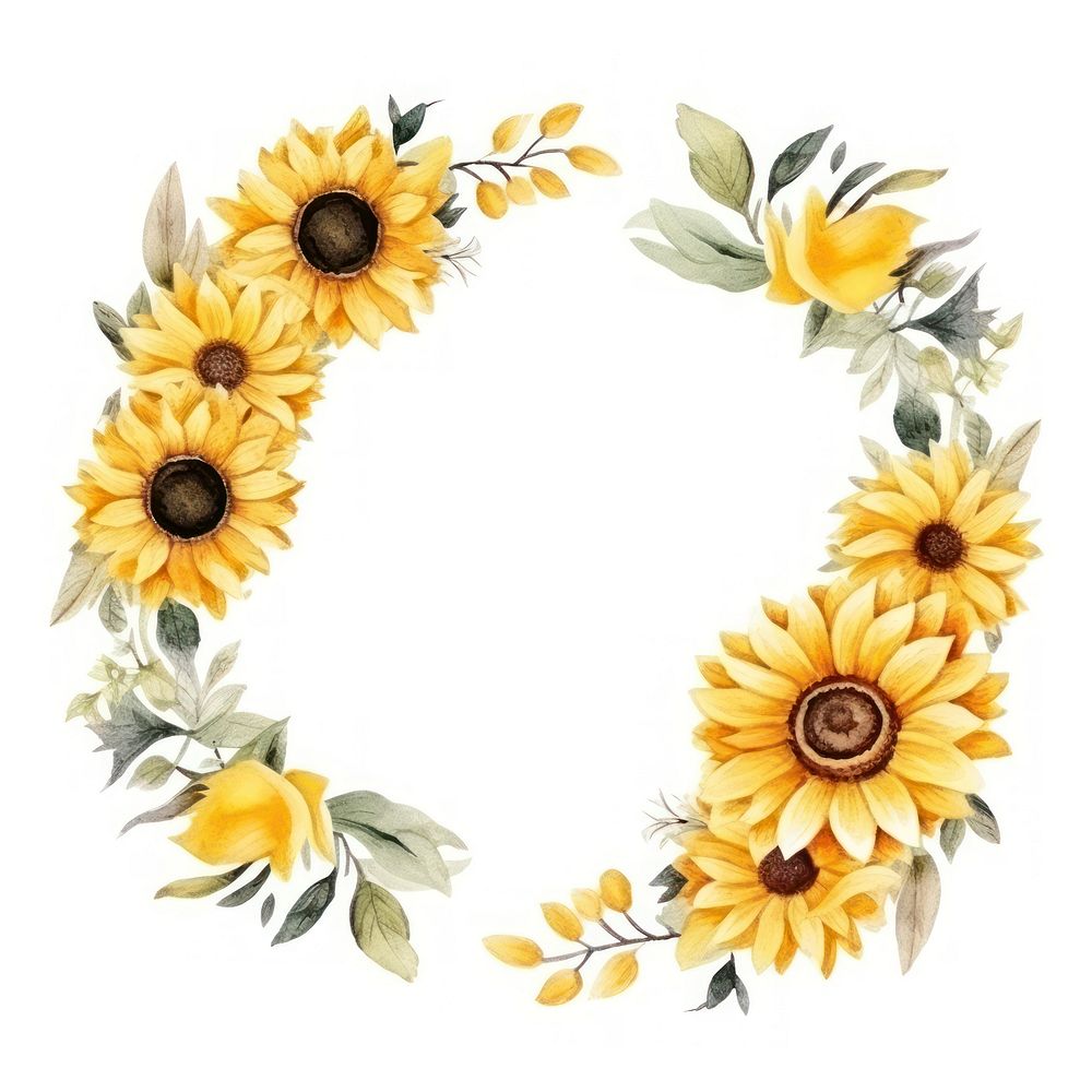 Sunflower frame watercolor wreath plant white background.
