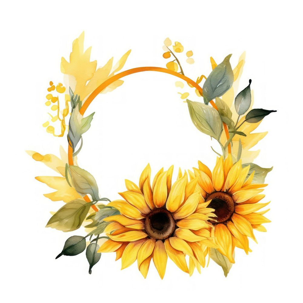 Sunflower frame watercolor wreath plant white background.