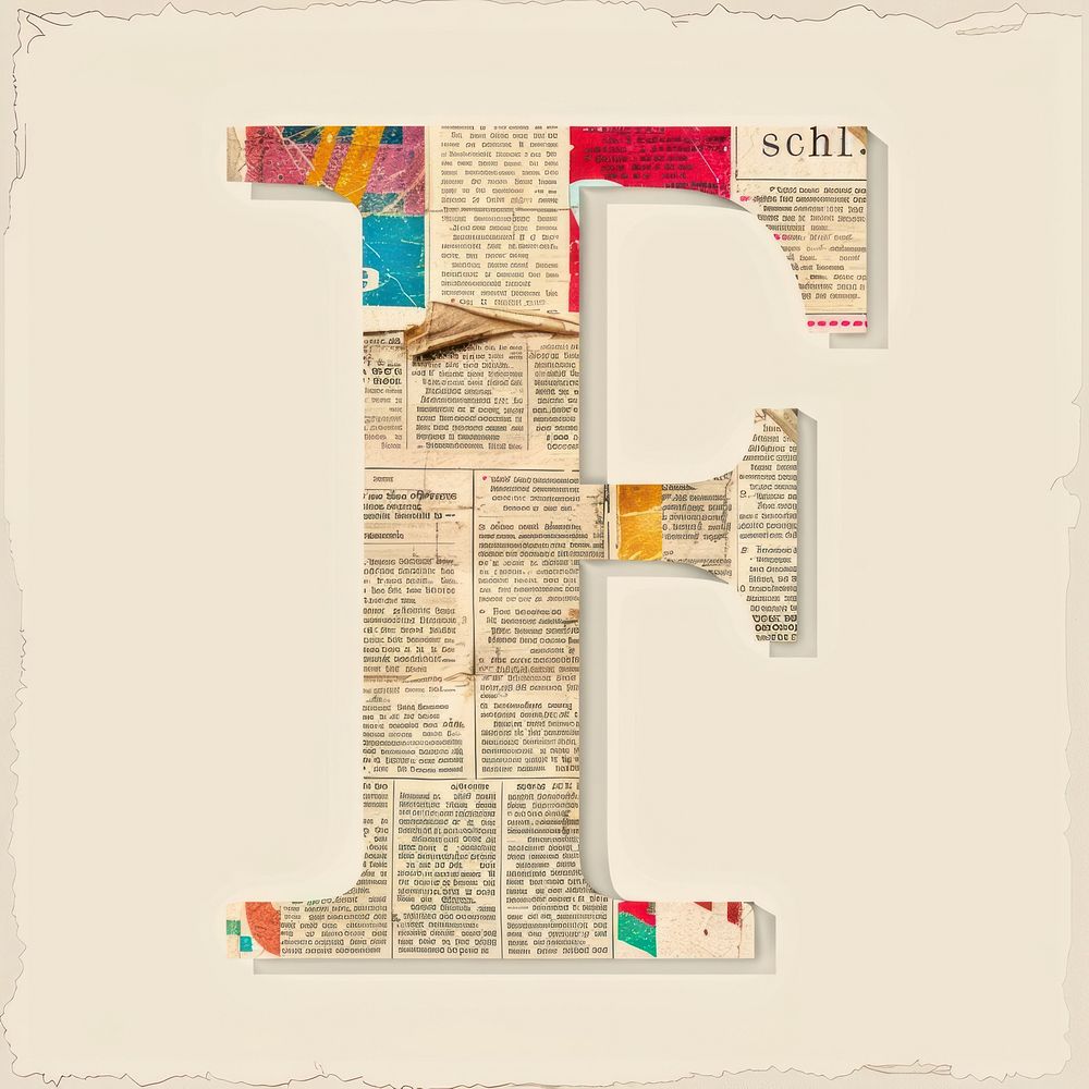 Magazine paper letter F newspaper collage text.