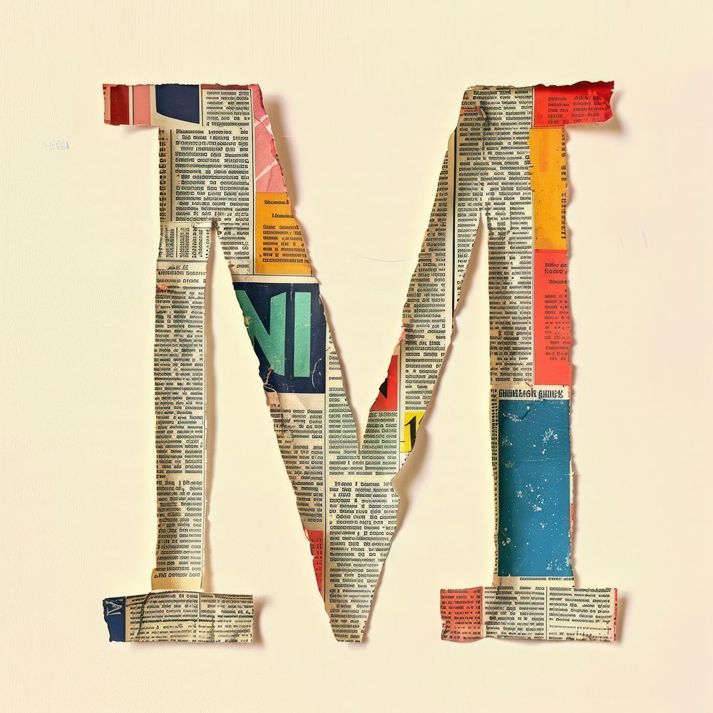 Magazine paper letter M alphabet collage text.
