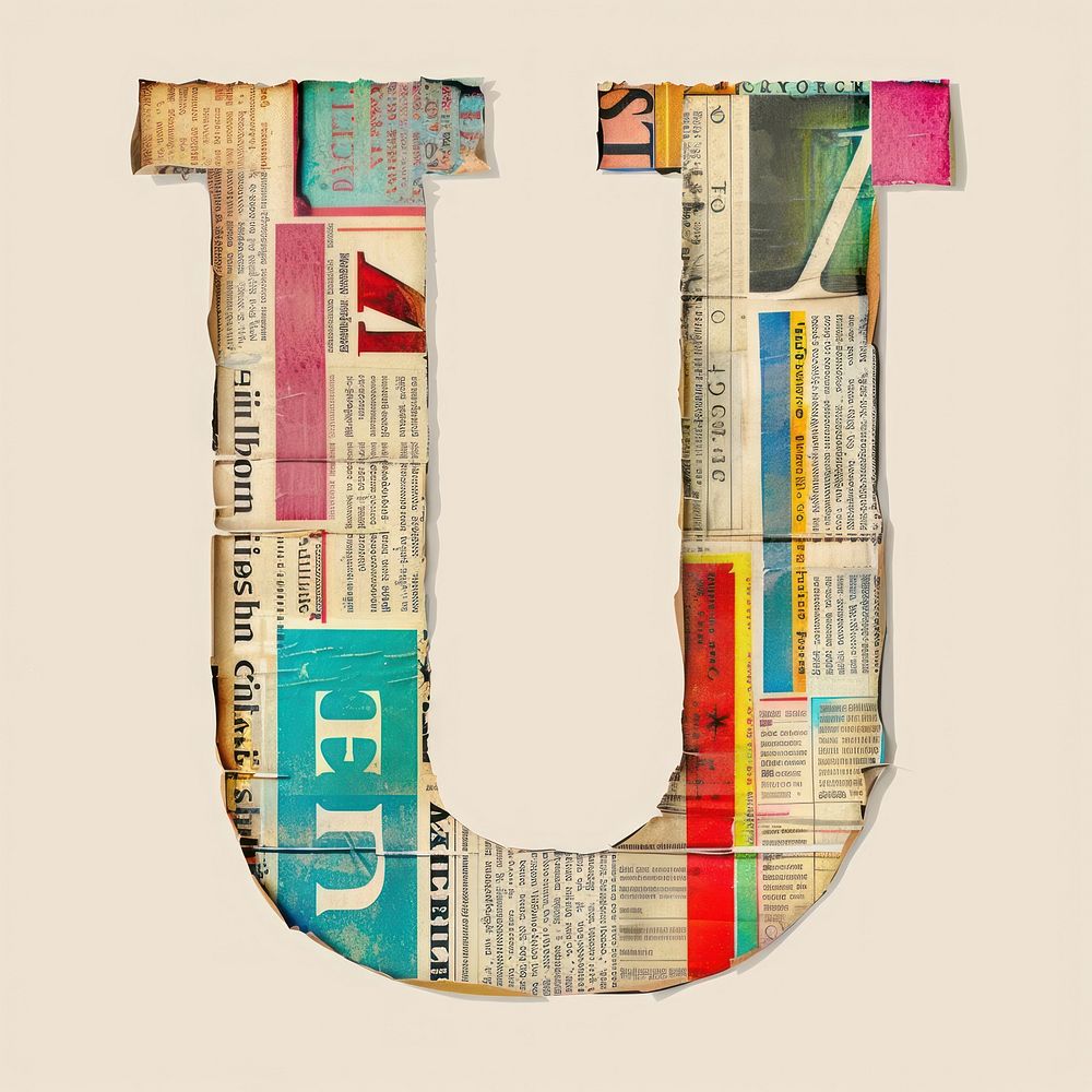 Magazine paper letter U collage number text.