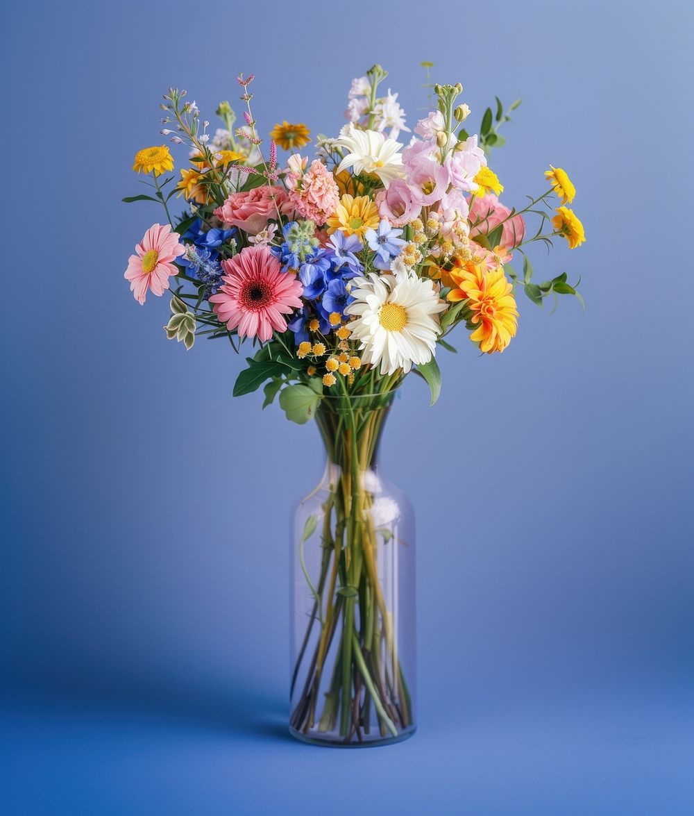 A bouquet with various pastel colors of flowers plant vase jar.