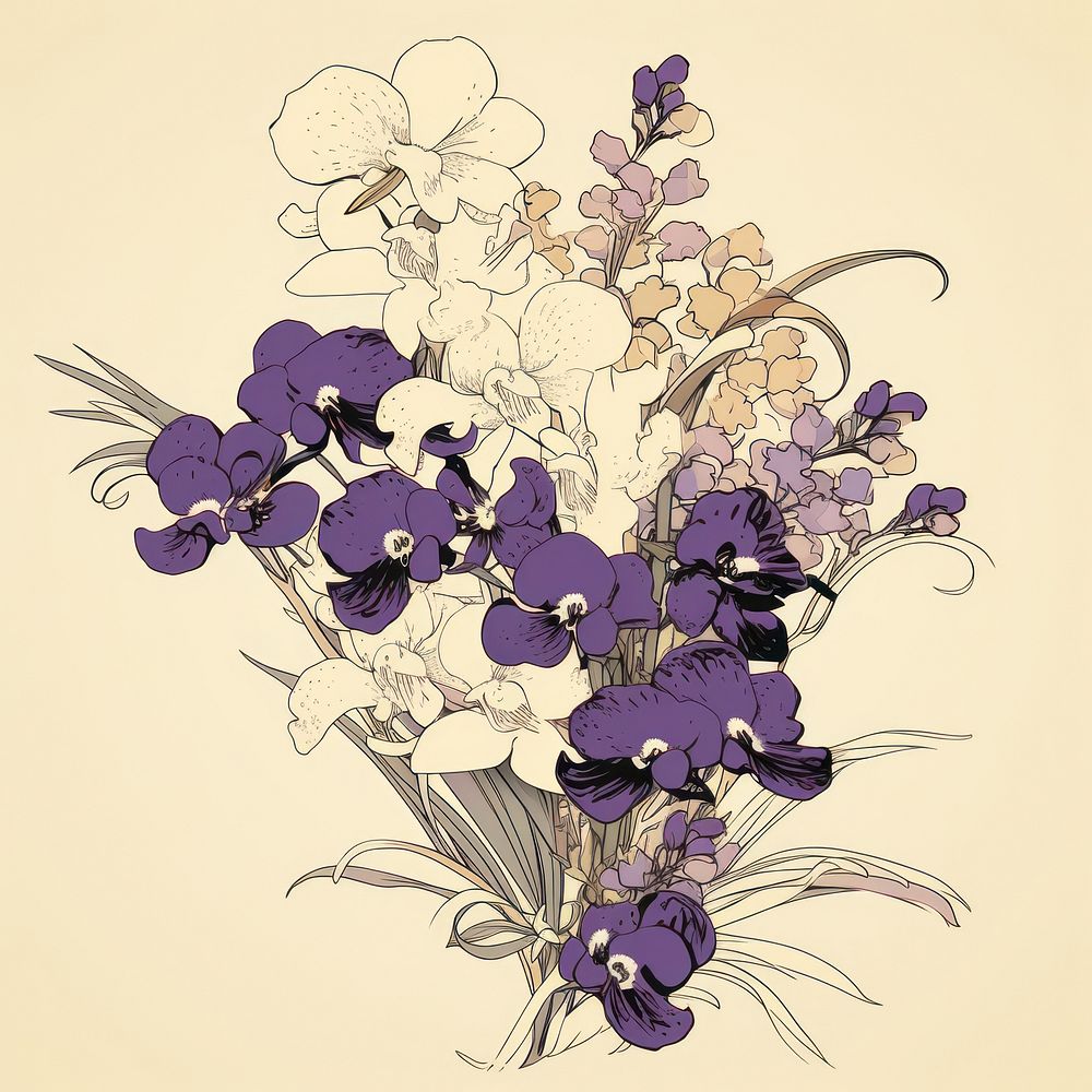 Frame isolated royal orchid bouquet pattern drawing flower.